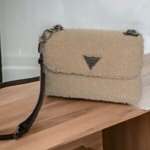 Guess Crossbody Sherpa Tunney Flap Shoulder Bag Cream Brown